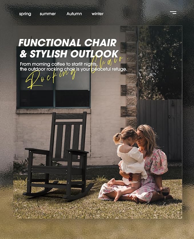 KINGYES Oversized Outdoor Rocking Chair, All-Weather Patio Rocking Chairs for Porch, HDPE Outdoor Patio Rockers with High Back & Wide Seat for Garden, Lawn, Black KINGYES