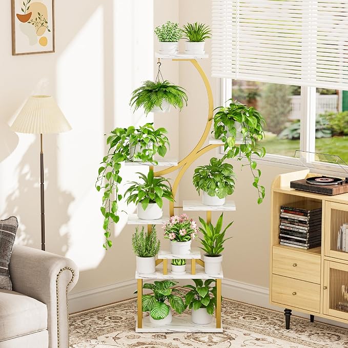 Plant Stand Indoor with Grow Lights - 62" Tall Plant Shelf, Lighted Corner Plant Stands for Indoor Growing, 8 Tiered Large Flower Holder, S-Shaped Plants Rack for Living Room, Bedroom, Faux Marble BACEKOLL