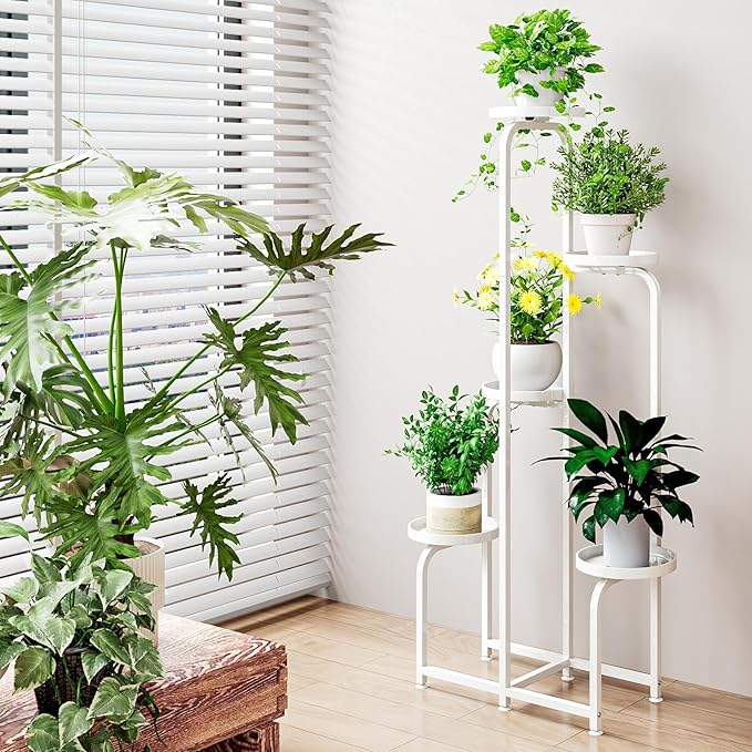 Plant Stand Indoor Outdoor 5 Tier Metal Plant Shelf for Multiple Plants Corner Flower Holders for Living Room Balcony Bedroom Patio Garden, Black (White, 5-Tier) INGIORDAR