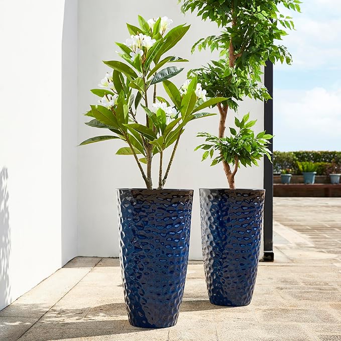 Glitzhome 23.75" H Oversized Tall Planter,Modern Set of 2 Honeycomb Textured Gradient Cobalt Blue Round Garden Plant Pots with Drainage Holes Flower Containers for Indoor Outdoor,Front Porch,Patio Glitzhome