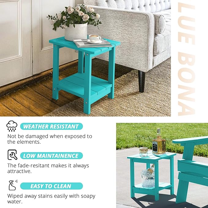 LUE BONA Adirondack Outdoor Side Table, 2-Tier Aruba Blue HDPS Patio End Table Weather Resistant, Outdoor Morden Side Table for Patio, Pool, Porch LUEBONA