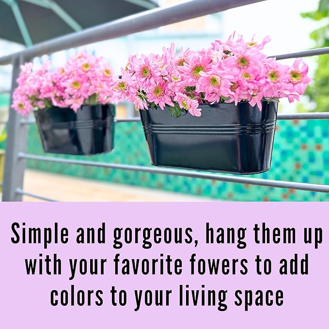 LaLaGreen Rail Planter Outdoor Plants(11.8 Inch, 12 Pack) Black Metal Iron Hanging Flower Pots Deck Railings Fence Buckets Modern Countryside Boho Style Wall Mount Window Box Plant Holder Porch Decor L%C3%A1L%C3%A1Green