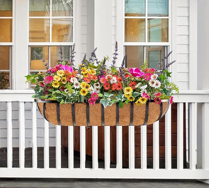 Y&M 4pcs 24 Inch Window Deck with Coco Liner, 24" Window Boxes Horse Trough with Coconut Coir Liner, Black Metal Hanging Flower Planter Window Basket Deck Railing Planter Boxes for Outdoor Indoor YM