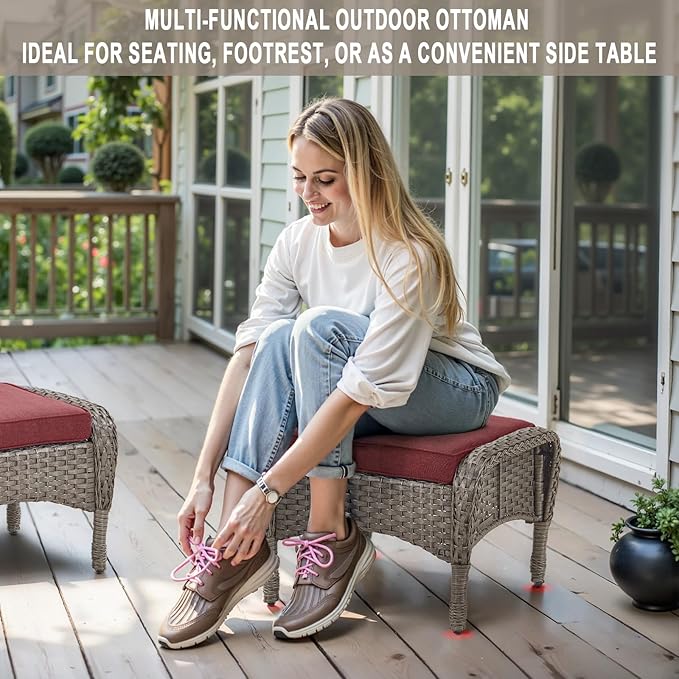 Belord Outdoor Ottomans for Patio Foot Rest - 25 Inch PE Wicker Foot Stool Set of 2 with Removable Cushions for Patio Furniture Sets,All Weather Rattan Ottoman for Balcony Deck Backyard Brown Belord