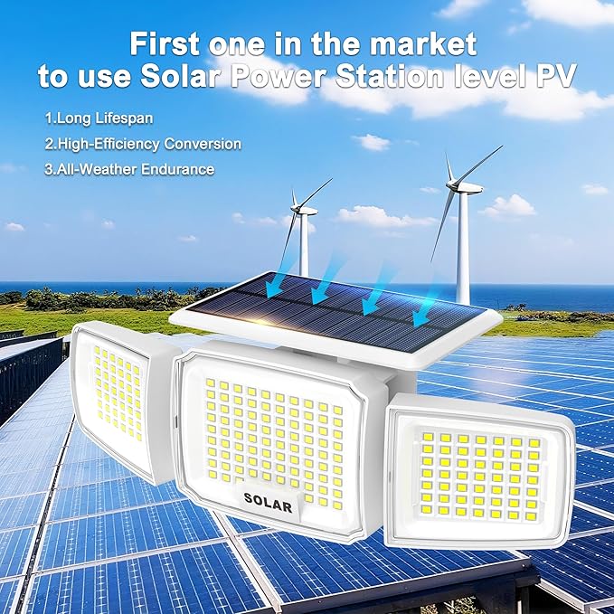 White Solar Security Light Outdoor Super Bright LED, Motion Sensor Solar Flood Light, 3 Heads 270° Wide Angle, Remote Control,IP65 Waterproof, 3 Modes (4 Packs) JEJOT