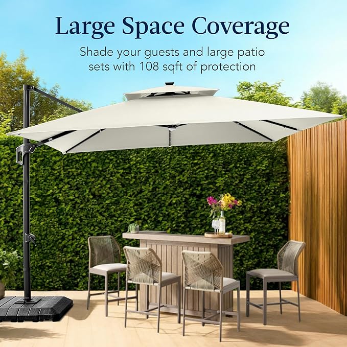 Best Choice Products 9x12ft LED Cantilever Patio Umbrella w/Base Included & 360° Rotation, Large Solar Offset Hanging Outdoor Sun Shade for Deck, Backyard Table w/Stand & Lights – Ivory BestChoiceProducts
