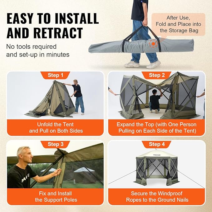 VEVOR Pop Up Gazebo Screen Tent 6 Sided Canopy Sun Shelter with 6 Removable Privacy Wind Cloths & Mesh Windows, 10x10FT Quick Set Screen Tent with Mosquito Netting, Army Green VEVOR
