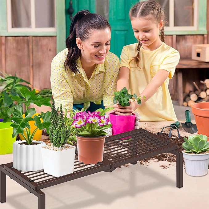 1 Tier Metal Plant Stand Indoor Outdoor, Potted Multiple Flower Pot Holder Rack Plant Shelf, Heavy Duty Planter Display Shelving for Patio Balcony Garden Living Room Decorative (Brown) Gouisalin