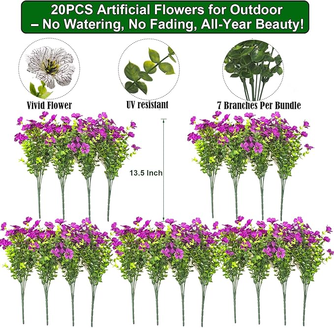 20 Bundles Artificial Flowers for Outdoors, UV Resistant Fake Plants Flowers Greenery Shrubs Plants for Decoration Outside Plants Hanging Planter Home Garden Decor (Fuchsia) Grunyia