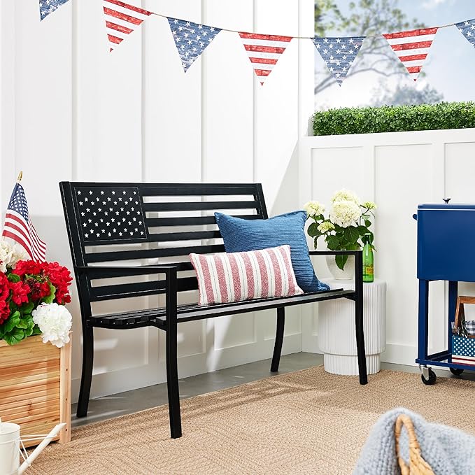 Best Choice Products Outdoor Bench 2-Person Steel Indoor/Outdoor Bench for Garden, Patio, Porch, Entryway w/American Flag, 790lb Capacity – Black BestChoiceProducts