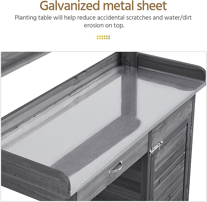 Yaheetech Outdoor Potting Bench Table, Garden Workstation w/Metal Tabletop/Cabinet Drawer/Open Top/Lower Shelf/Handy Hooks for Horticulture,Gray Yaheetech