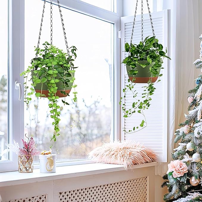 Hanging Planters for Indoor Plants, Set of 2 8/10 Inch Self-Watering Hanging Pots with Drainage Hole & Removable Water-Storage Tray II Screw-in Hooks Rootora