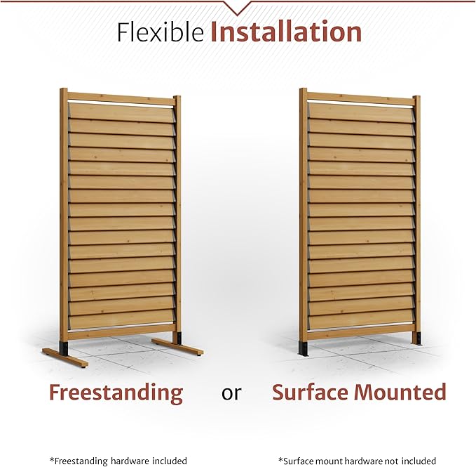 6.1ft H x 3.1ft W (1 Panel) Freestanding or Surface Mount Enclo Solara Louvered Screen, Wood Privacy Fence, Balcony Privacy Screen, Decorative Panel, Upgrade your Outdoor Patio, Porch or Deck, EC18044 Enclo