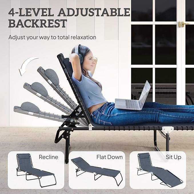 Outsunny Folding Chaise Lounge Chair, Patio Sun Tanning Chair, Outdoor Chaise Lounger with 4-Position Reclining Back, Breathable Mesh Seat for Beach, Poolside, Yard, Gray Outsunny