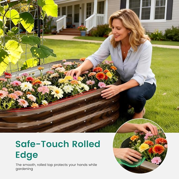 DoCred 3 in 1 Raised Garden Bed with 87in Tall Arch Trellis for Climbing Plants, Galvanized Planter Garden Box Outdoor for Gardening, Climbing Vegetables, Flower, Wood Grain DoCred