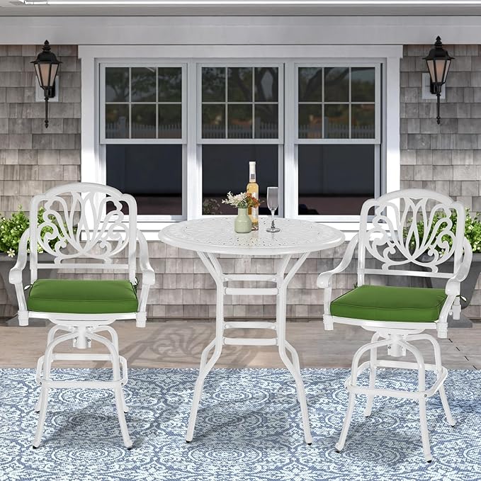 VIVIJASON 3-Piece Patio Swivel Bar Stools Set, All Weather Cast Aluminum Outdoor Bar Height Bistro Set with 2 Cushioned Bar Chairs & 35.4" High Bar Table w/Umbrella Hole for Backyard, Lawn, White VIVIJASON