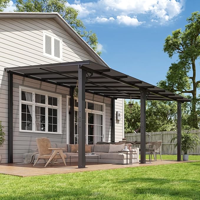 Aoxun 16'x 10' Premium Gazebo with Aluminum Top Frame & Polycarbonate Panel, Wall Mounted Gazebos Pergola, Outdoor Patio Lean to Gazebo, Awnings with Sloped Roof, for Backyard, Porch, Deck Aoxun