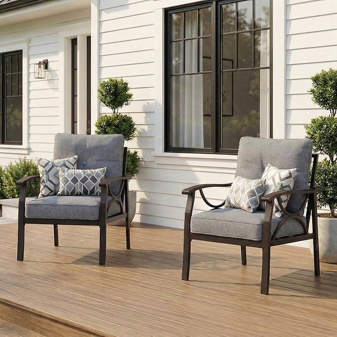 RoyalCraft 2 Pieces Outdoor Single Sofa,All-Weather Patio Metal Armchair,Khaki Metal Furniture with Gray Cushions Bringyoubetterlife