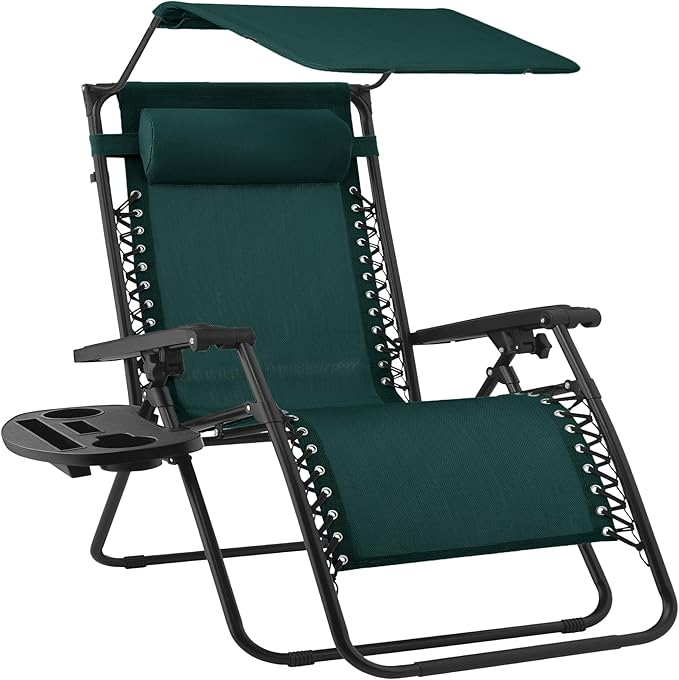 Best Choice Products 30” Wide Folding Zero Gravity Outdoor Recliner Patio Lounge Chair w/Adjustable Canopy Shade, Headrest, Side Accessory Tray - Forest Green BestChoiceProducts