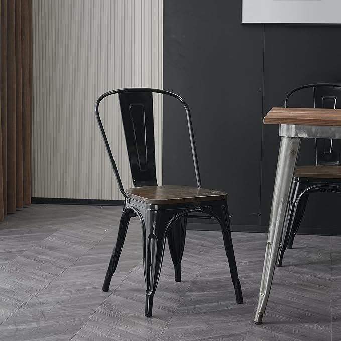 Nazhura Metal Dining Chair Farmhouse Tolix Style for Kitchen Dining Room Café Restaurant Bistro Patio, 18 Inch, Stackable, Waterproof Indoor/Outdoor (Sets of 4) (Black with Wood Padding) NazhuraGoodCompanionAtHome
