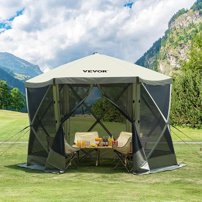 VEVOR Pop Up Gazebo Screen Tent 6 Sided Canopy Sun Shelter with 6 Removable Privacy Wind Cloths & Mesh Windows, 10x10FT Quick Set Screen Tent with Mosquito Netting, Army Green VEVOR