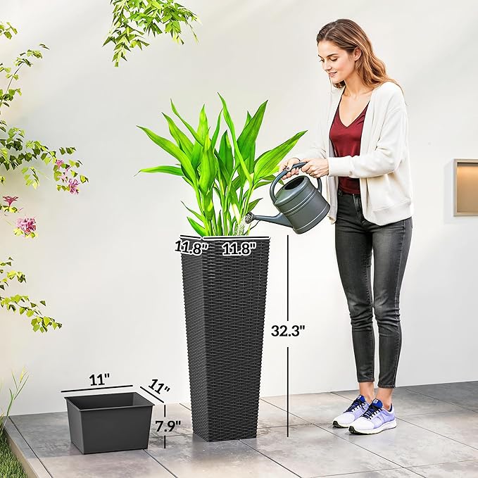 Outsunny 32 Inch Tall Planters for Outdoor Plants, Set of 2 Plastic Rattan-Like Flower Pots with Drainage Holes, Stackable Tapered Planters for Indoor Plants, Front Porch, Black Outsunny