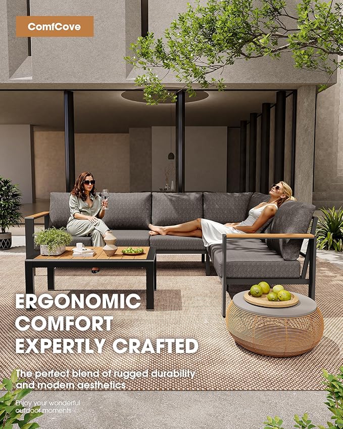 Aluminum Outdoor Patio Furniture Set 11 Seats, Outdoor Sectional Corner Sofa Set, Patio Conversation Sets with Washable Thick Cushions & Coffee Table for Porch, Yard, Garden, Deck, Graphite ComfCove