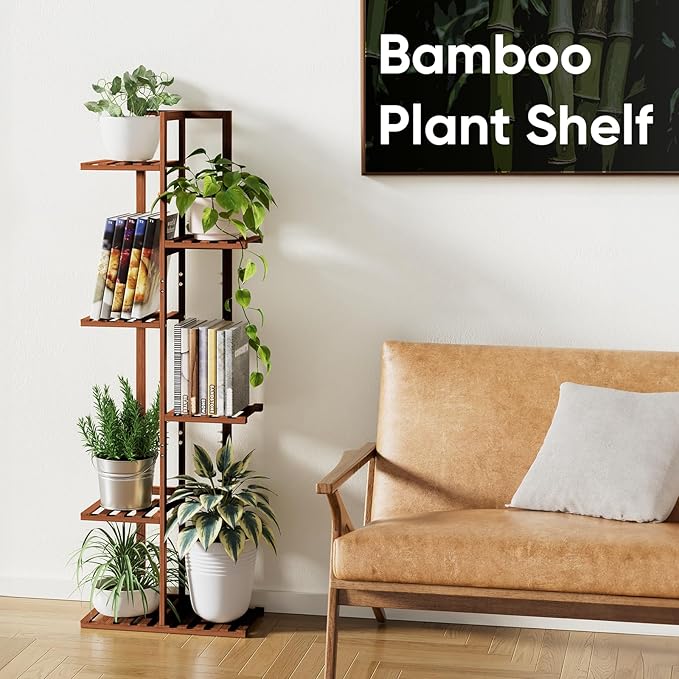 ROSSNY 48 Inch Tall Plant Stand Indoor, 6 Tier 7 Potted Bamboo Plant Stands for Indoor Plants, Corner Plant Stand, Tiered Plant Stands, Plant Shelf For Indoor, Planter Holder for Multiple Plants Indoor, Brown ROSSNY