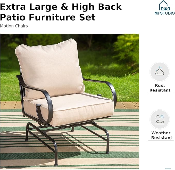 MFSTUDIO 5 Seats Large Metal Patio Conversation Sets, 4 Pieces Outdoor Sectional Furniture Sofa with 2 x Motion Chairs, 1 x 3-seat Sofa and 1 x 45 inches Rectangular Propane Fire Pit Table MFSTUDIO