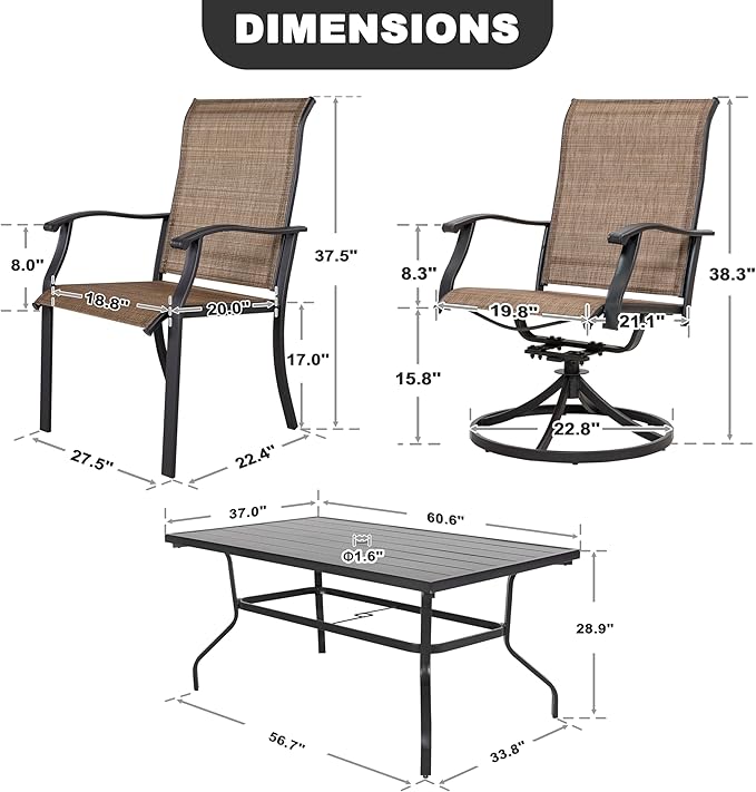 NUU GARDEN 7 Pieces Outdoor Dining Sets, Textilene Swivel Patio Table and Chairs All-Weather Outdoor Furniture Set for Lawn, Backyard, Balcony, Black and Brown NUUGARDENCORPORATION
