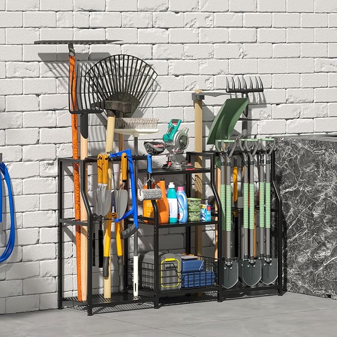 keomaisyto Garden Tool Organizer, Heavy Duty Yard Tool Tower Rack for Garage Organization and Storage, 3 Tier Utility Garden Tool Rack with hooks for Garden/Shed/Garage/Yard/Basement/Lawn keomaisyto