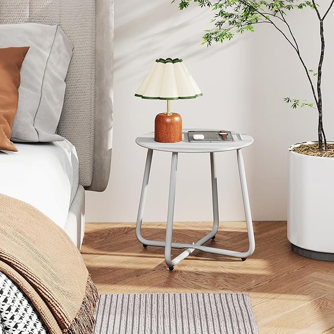 HollyHOME Round Metal Side Table, Rust-Resistant Patio Small Plant Stand, Outdoor 17.32'' Portable End Table for Balconies, Gardens, Living Rooms and Bedrooms, Grey HollyHOME