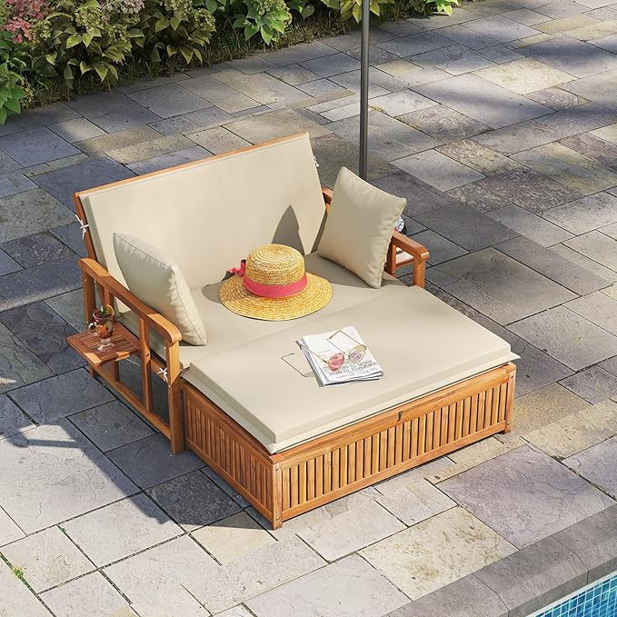Tangkula Outdoor Acacia Wood Daybed with Storage Ottoman, Wood Patio Loveseat Sofa with 4-Level Backrest & Removable Cushions, 2 Folding Side Tables, Patio Recliner Lounger for Poolside, Backyard TANGKULA