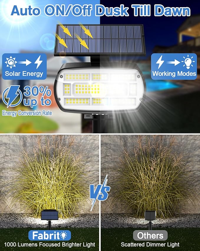 Fabrito Large Solar Spot Lights Outdoor 6 Pack, 1000 Lumens High Brightness, IP65 Waterproof Solar Spotlight with 136 LEDs, Dusk to Dawn Solar Landscape Lights for Yard, Garden, Pathway, Plants(White) Fabrito