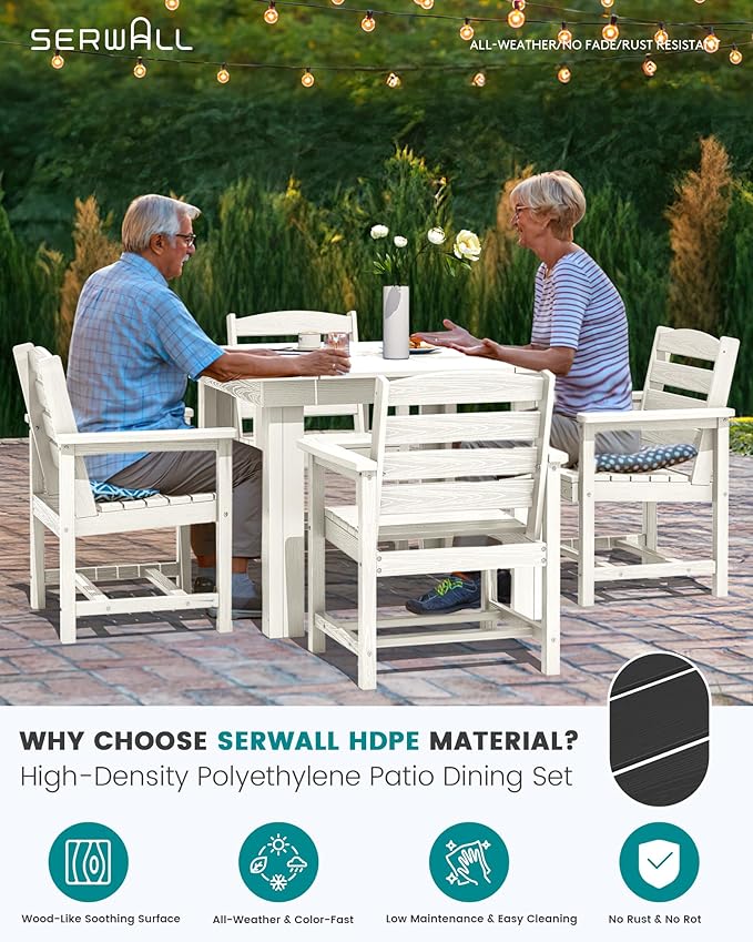 SERWALL Outdoor Dining Set for 4, HDPE Square Table and Chairs Set All Weather Patio Dining Set with 4 Classic Dining Chairs, 5-Piece Patio Dining Furniture for Deck, White SERWALL