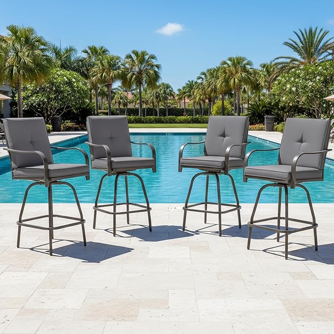 Patio Swivel Bar Stools Set of 4, Outdoor Bar Height Swivel Chairs with Cushions for Garden Balcony Backyard, Grey STRPRETTYBASIC