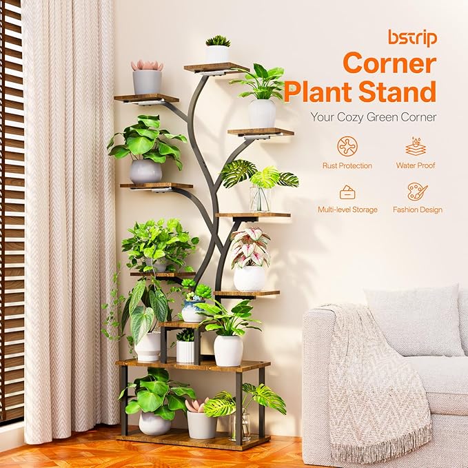 Bstrip 63 Inch Plant Stand with Grow Light, 10-Tier Plant Shelf for Indoor Plants, Decor Tree Shaped Flower Stand for Home, Corner & Patio Bstrip