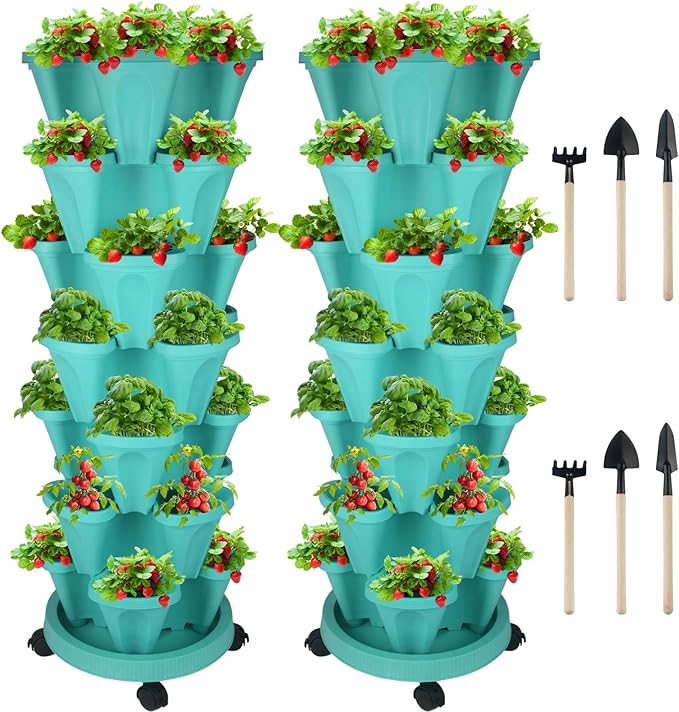 GameXcel Vertical Planter 7 Tier Stackable Planters Garden Planters Strawberry Herb Flower and Vegetable Planter Indoor Outdoor Gardening Pots with Removable Wheels and Tools-Teal 2 Pack GameXcel