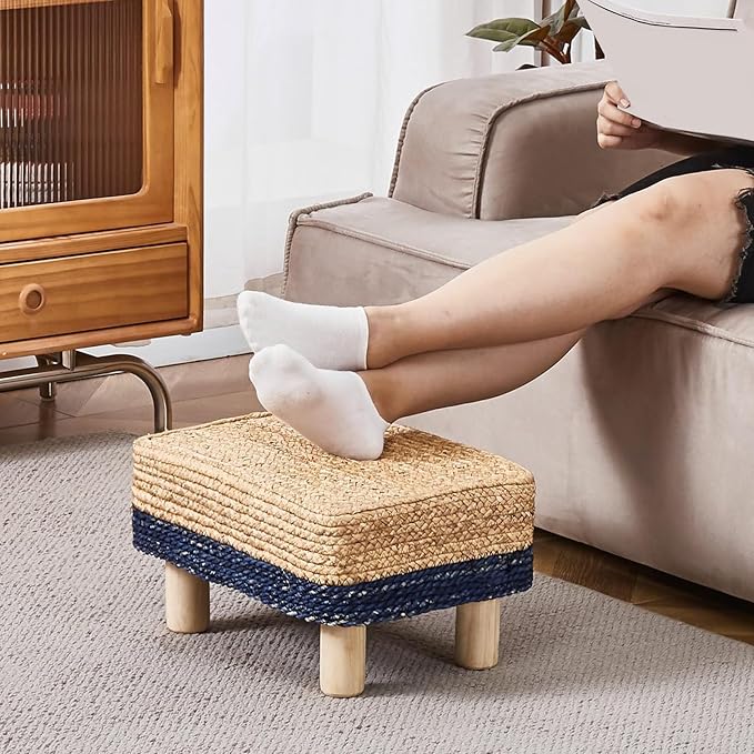Wimarsbon Natural Seagrass Footstool Ottoman Rectangular Footrest Pouf Ottomans with Wooden Legs Hand Weave Step Stool for Living Room Bedroom Entryway Blue Wimarsbon