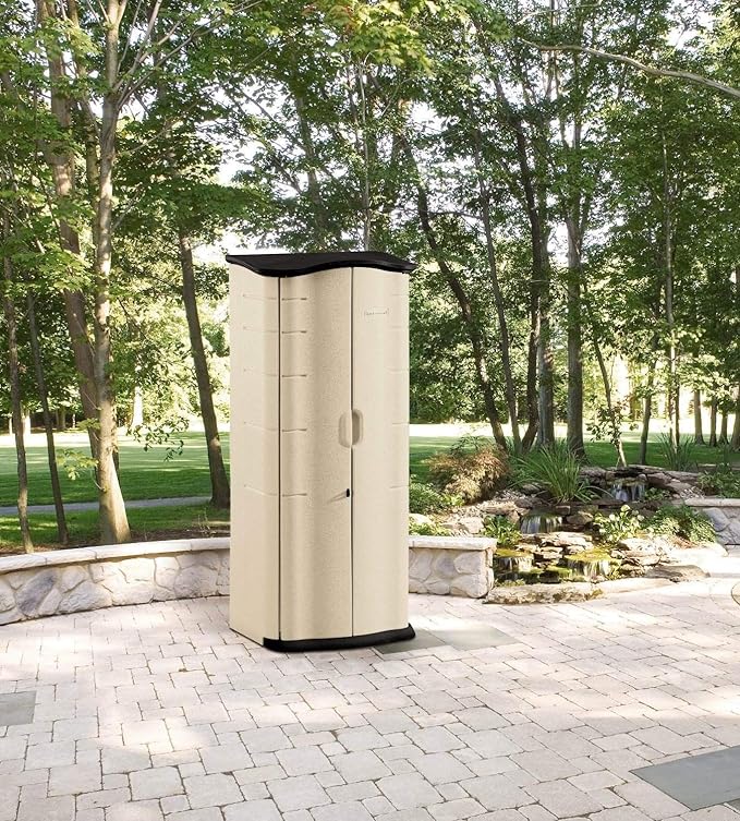 Rubbermaid Compact Vertical Resin Storage Shed With Floor (2 x 2.5 Ft), Weather Resistant, Beige/Brown, Organization for Home/Backyard/Garden Tools/Porch/Patio Cushions/Pool Chemicals/Toys Rubbermaid