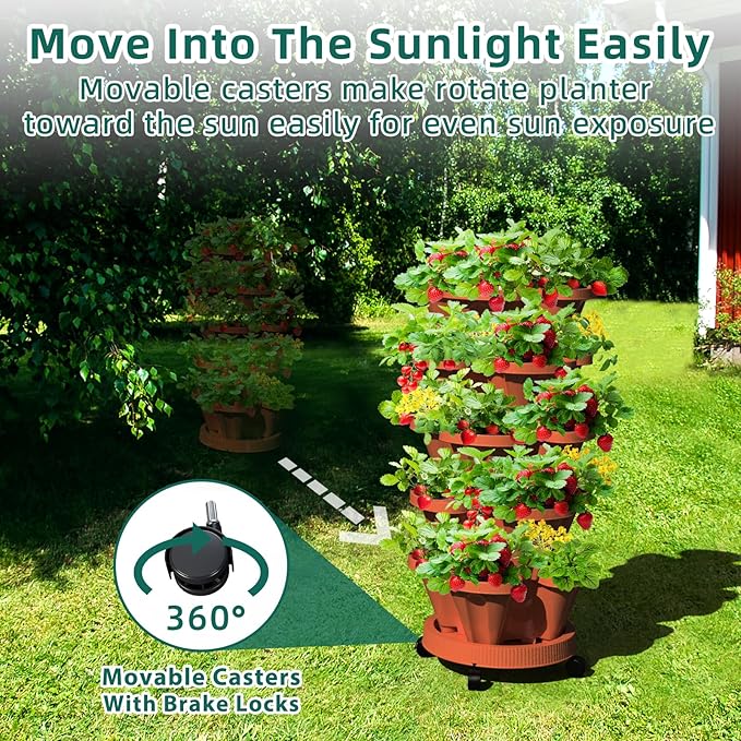 Strawberry Vertical Planter, 5 Tiered Stacking Garden Tower, Stackable Herb Vegetable Planters with Support Pole Indoor and Outdoor - Terra Cotta Tectsia