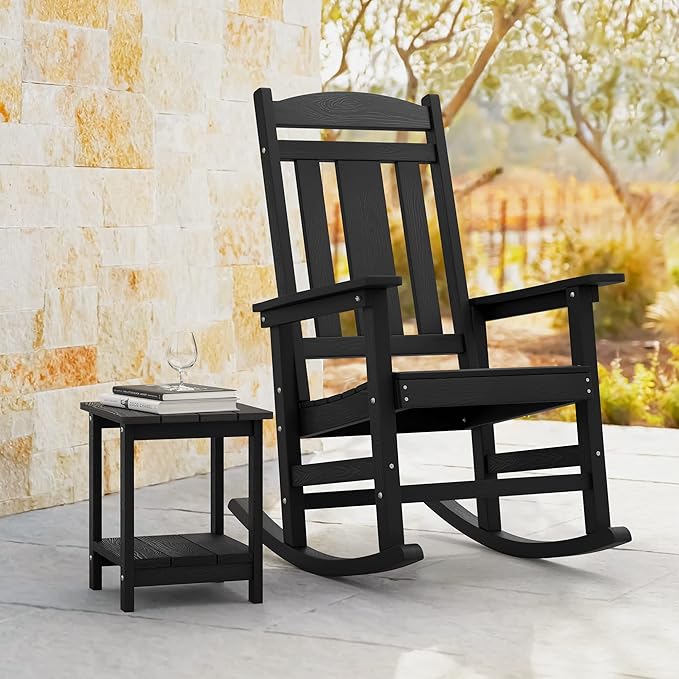 LUE BONA Outdoor Rocking Chairs Set of 2, Weather Resistant Poly Plastic Rocker, 350lb Heavy Duty, Oversized Porch Rocker for Adult, High Back Smooth for Outdoor & Indoor, Black LUEBONA