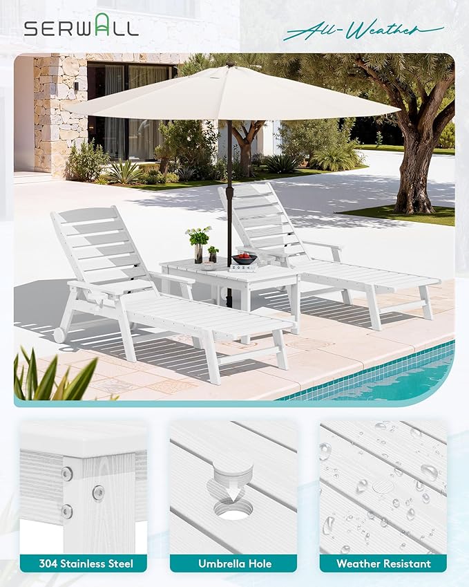 SERWALL Outdoor Coffee Table with 9FT Umbrella, HDPE Patio Coffee Table for Outside, Rectangle, White(Not Include Umbrella Base) SERWALL