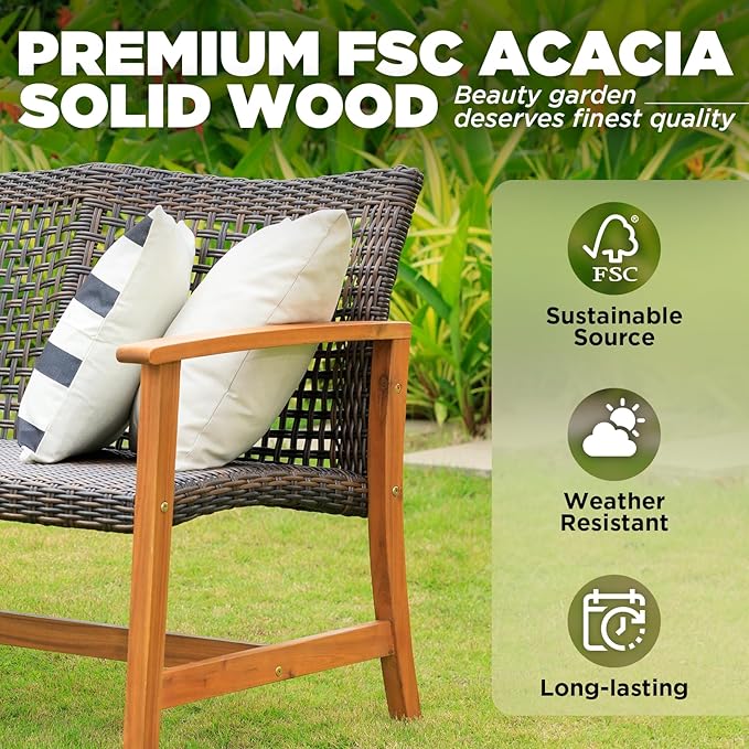IDZO Harmonie 800lbs Capacity Outdoor Loveseat Furniture, FSC Certified Acacia Patio Sofa with Upgraded 2000 Hours UV Resistant Wicker, Teak Finish Porch Couch Idzo