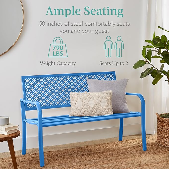 Best Choice Products Outdoor Bench 2-Person Metal Steel Benches Furniture for Garden, Patio, Porch, Entryway w/Geometric Backrest, 790lb Capacity - Ocean Blue BestChoiceProducts