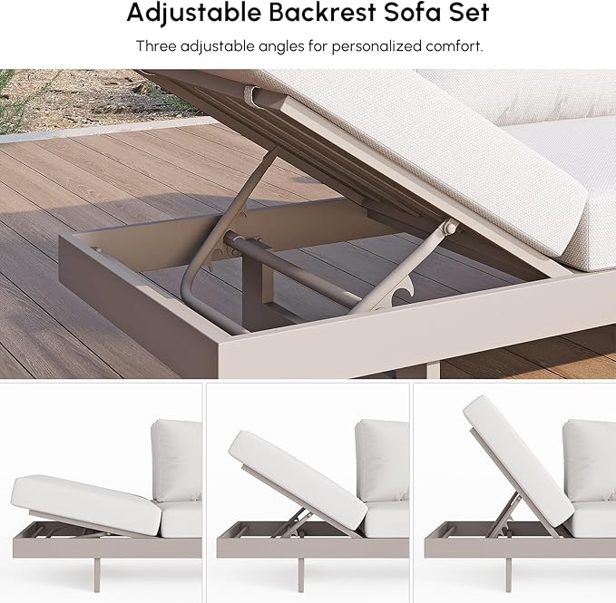 homary 6 Piece Aluminum & Teak Outdoor Sofa Set, Patio Sofa Seat L-Shaped Outdoor Sectional Sofa Set with Adjustable Backrests/Waterproof/Fade Resistant Cushions Ideal for Patios/Balconies,Light Gray Homary