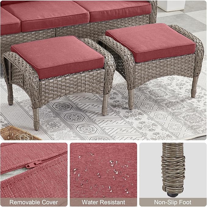 Belord Outdoor Ottomans for Patio Foot Rest - 25 Inch PE Wicker Foot Stool Set of 2 with Removable Cushions for Patio Furniture Sets,All Weather Rattan Ottoman for Balcony Deck Backyard Brown Belord