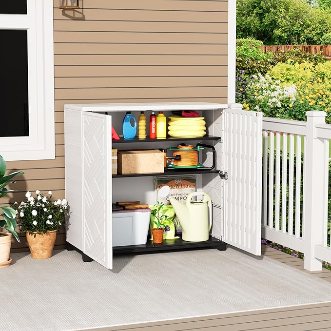 Outdoor/Indoor Storage Box,Resin and Plastic Storage Cabinet Waterproof,Outdoor Cabinet for Patio/Garden/Balcony/Backyard/All Room (with 2 Shelves)-White Mrosaa