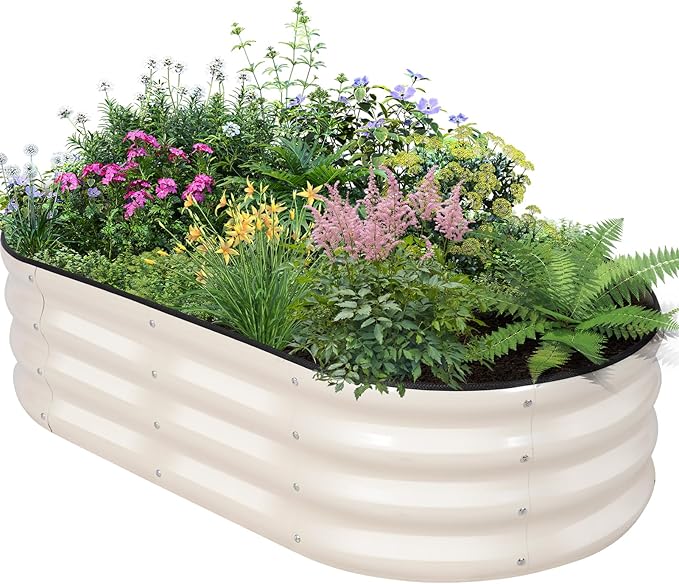Galvanized Raised Garden Bed Outdoor - 4×2×1ft Planter Raised Beds for Gardening | Oval Metal Garden Planter Box with Safety Edging and Gloves for Vegetables Fruits and Flowers - White BIRDSINYARD