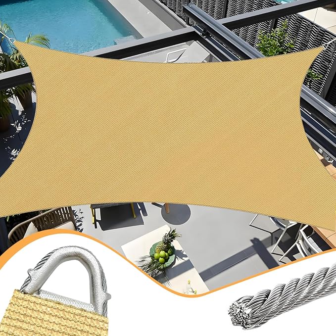 20' x 20' Sand Rectangle Sun Shade Sail Outdoor Canopy Awning UPF50+, 95% UV Blockage, Sunshade with High-Strength Steel Cable Edges for Outdoor Patio Garden Backyard OOTONAT